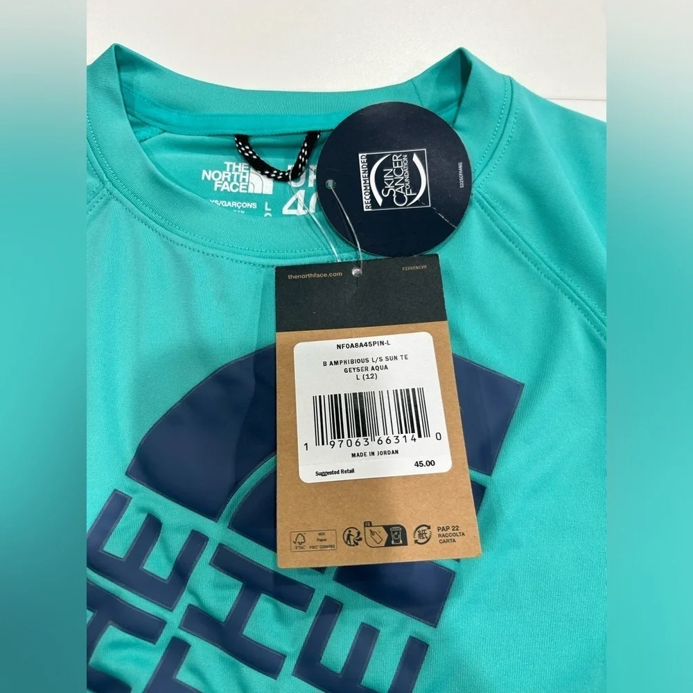 The North Face Boys Large Amphibious Long Sleeve Sun Tee Aqua Kids NWT UPF 40+